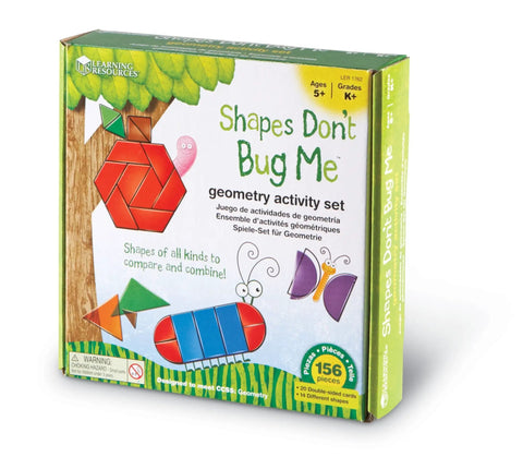 Shapes Dont Bug Me Geometry Activity Set box with 136 pieces for kids ages 5 and up, featuring colorful geometric shapes and animals.