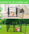 Outdoor Dog Fence For Yard And Garden, 48 Inch High, 8 Panels Spanning 17.7 Feet, 21 Inch Wide Low Threshold Gate shown in indoor and outdoor setups.