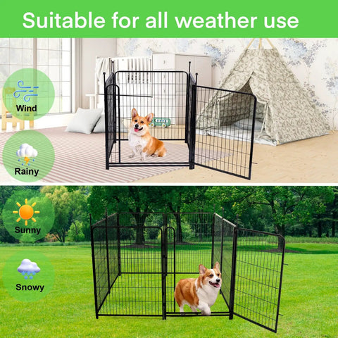 Outdoor Dog Fence For Yard And Garden, 48 Inch High, 8 Panels Spanning 17.7 Feet, 21 Inch Wide Low Threshold Gate shown in indoor and outdoor setups.