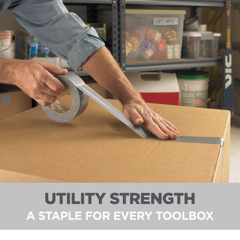 Heavy Duty Duct Tape Bundle 3 Rolls 1.88 Inches by 55 Yards Hand Tear Silver All Purpose Indoor Repair Tape being used on a box