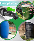 Full Flow Rain Barrel Spigot Kit With Bulkhead Fitting And Drain Valve installed on various rain barrels