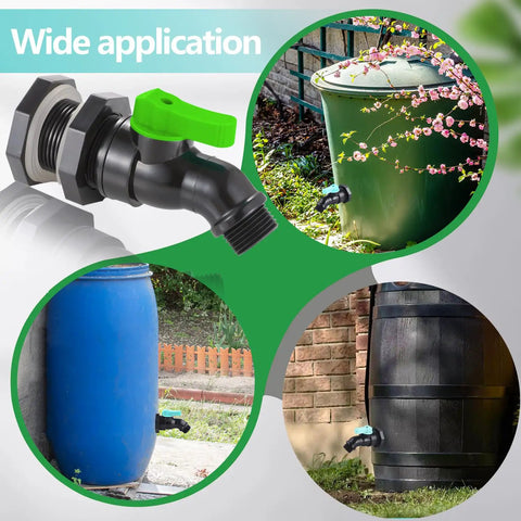 Full Flow Rain Barrel Spigot Kit With Bulkhead Fitting And Drain Valve installed on various rain barrels