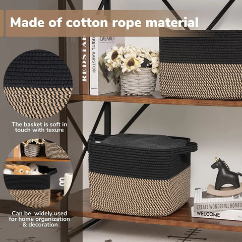 Slick Cotton Rope Storage Basket For Shelves 13X10X9 Inches Solid Woven Cube Bin No Sweat Shelf Organizer Soft Yet Sturdy Black Decorative Basket Real Deal Home Solution