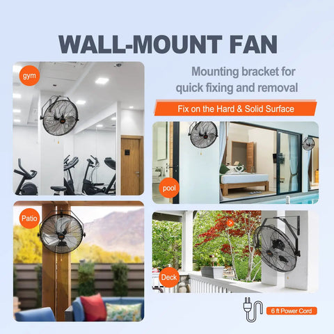 18 Inch Wall Mount Fan With 3 Speeds IP44 Waterproof Up To 4150 CFM ETL Listed displayed in gym, pool, patio, and deck settings