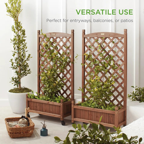 Pair Of 48 Inch Walnut Wood Planter Boxes With Diamond Lattice Trellis Mobile Outdoor Raised Garden Beds For Climbing Plants