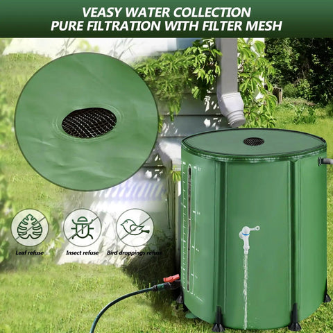 100 Gallon Collapsible Rain Barrel With Water Level Indicator For Easy Garden Watering And Farm Irrigation, showing filter mesh lid.