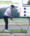 Man using oversized 6 by 4 ft golf hitting mat for driver and iron practice with alignment lines outdoors
