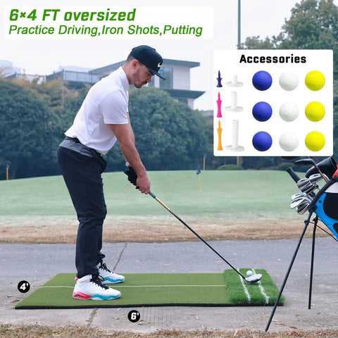 Man using oversized 6 by 4 ft golf hitting mat for driver and iron practice with alignment lines outdoors