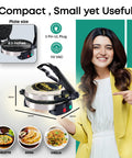 Libra Electric Roti Maker Machine With Non Stick 8.5 Inch Plates Auto Temp Control and Durable Handle displayed with a woman.