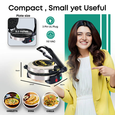 Libra Electric Roti Maker Machine With Non Stick 8.5 Inch Plates Auto Temp Control and Durable Handle displayed with a woman.