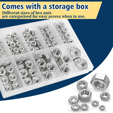 SAE Hex Nuts Assortment Kit 150 Piece Stainless Steel 304 Hardware Nuts Set With Ten Sizes From 4-40 To 1/2-13 in a storage box