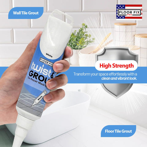 Person holding Twist And Grout Reviver Premixed Tile Repair For Bathroom, Shower And Kitchen With Smoothing Tool, white tube.