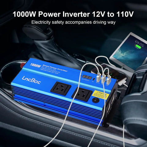 1000 Watt DC To AC Inverter With Dual 110V Outlets Smart Digital Display And Cigarette Lighter Adapter For Cars Trucks Rvs Boats Plug And Play Road Ready Kit on car console with USB connections.