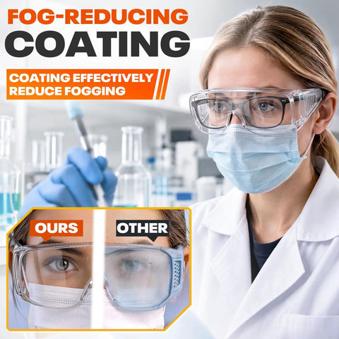 Close-up of Tough As Nails Safety Glasses Designed To Fit Snug Over Eyeglasses Without Pinching Featuring Z Eighty Seven Impact Rating and Superior Anti Fog Coating.