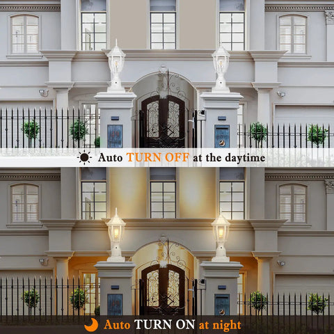 Dusk To Dawn Outdoor Post Light With Pier Mount Base shown day and night, illustrating auto on feature at entryway.
