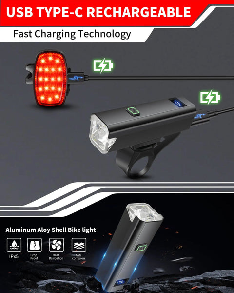 6000 Lumen USB C Rechargeable Bike Headlight And Taillight Set For Night Riding, Ultra Bright Waterproof Bicycle Lights With 12 Plus 5 Modes For Road, Mountain And Casual Cycling