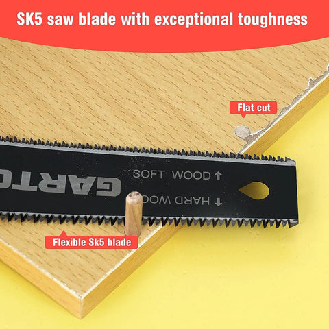 Close-up of SK5 steel blade on Two Piece Japanese Hand Saw Set For Wood Cutting with Six Inch Flush Cut Saw and Double Edged Ryoba