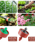 0.25 GPH and 0.75 GPH drippers for 1/4 inch tubing, showing installation and use in garden pots, plans show consistent water flow