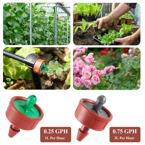 0.25 GPH and 0.75 GPH drippers for 1/4 inch tubing, showing installation and use in garden pots, plans show consistent water flow