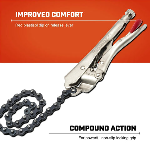 Locking Chain Clamp With 18 Inch Chain, Nickel Plated Metal Clamp For Solid Grip, Heavy Duty Pliers on orange background