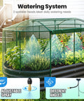Self Watering Galvanized Raised Garden Bed Kit For Veggies Herbs And Flowers With Mesh Cover In A Large Oval Metal Outdoor Planter Box Six Foot By Three Foot By One Foot showing watering system and plants inside.
