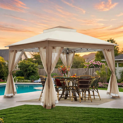 11x11 Pop Up Gazebo Instant Setup Outdoor Canopy Tent With Waterproof Fabric, No Tools Needed, Removable Mesh Netting, UV Protection, Sun Shelter