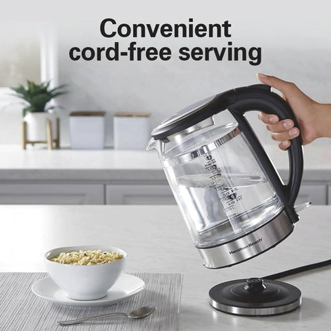 1.7 Liter Glass Electric Kettle With Double Wall Cordless Serving Auto Shutoff And Boil Dry Protection next to noodle bowl