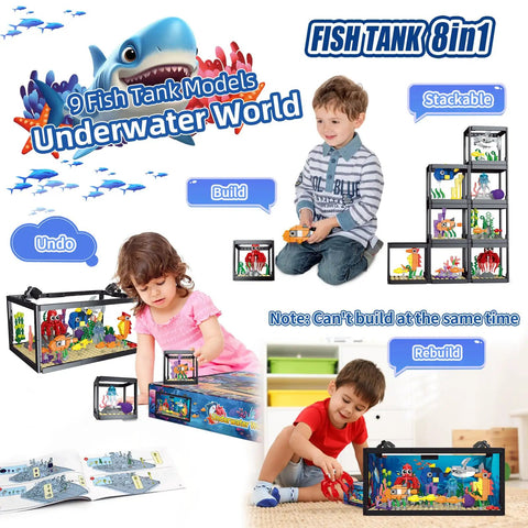 8 In 1 Ocean Tank Building Set With LED Light For Kids And Adults Marine Aquarium Mini Landscape Featuring Octopus And Crab Figures Perfect Gift For Christmas And Birthdays Great For Ages 6 8 10 12, stacked tank display
