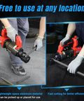 User cutting a steel bar with the Loschen Cordless Electric Hydraulic Rebar Cutter With Li-ion Battery for portable handheld cutting.
