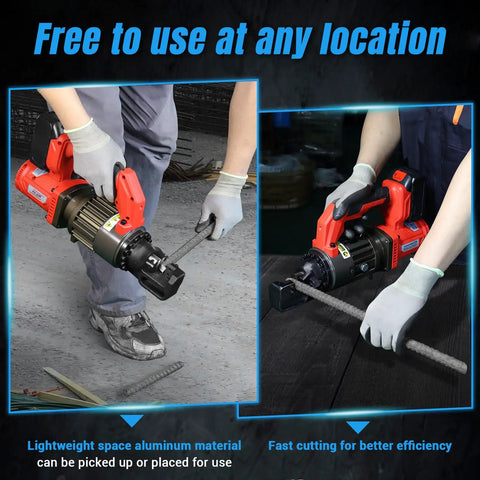 User cutting a steel bar with the Loschen Cordless Electric Hydraulic Rebar Cutter With Li-ion Battery for portable handheld cutting.