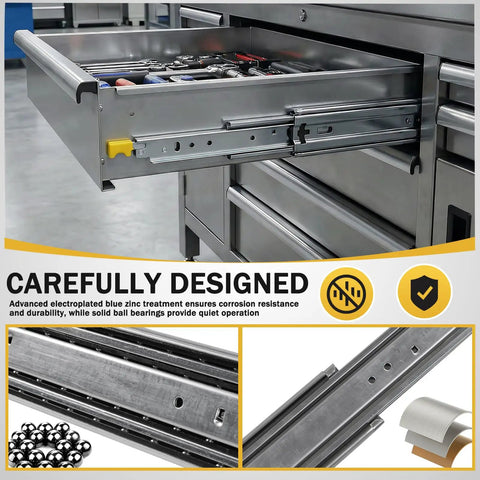 80 Inch Side Mount Drawer Slides With Lock For RV Cabinets, showing drawer extension with noiseless bearings and secure locking system.