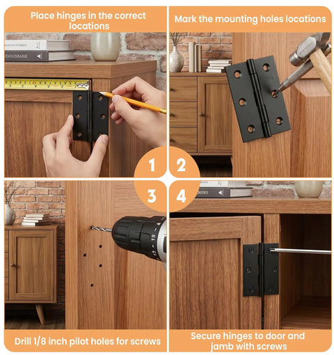 Guide showing installation of Two Pack Small Door Hinges, Black Stainless Steel 3 Inch Hinges With Screws For Wood Doors.