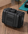Hella Sturdy Portable Plastic Toolbox With Foam Padding For Small Parts Organization And Hardware Storage Slick Handheld Tool Case For Everyday Pros, black box with ergonomic handle.