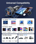 Two Pack 90W USB C Car Charger With Four Independent Power Ports Blazing Fast Cigarette Lighter Adapter shown with devices.