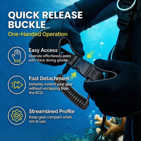Hands holding scuba diving lanyard with quick release buckle clip, demonstrating anti loss retractable gear feature underwater.