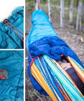 Person in hammock using ThermaQuilt Hammock Underquilt 40F 3 In 1 Go-To System for outdoor sleep, close-up of cords and fabric
