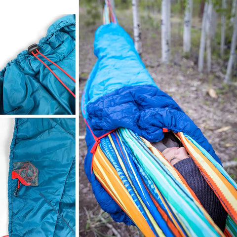 Person in hammock using ThermaQuilt Hammock Underquilt 40F 3 In 1 Go-To System for outdoor sleep, close-up of cords and fabric