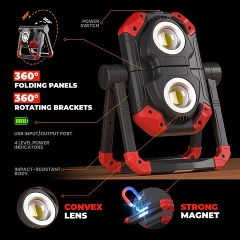 Rechargeable LED Work Light Two Pack With 2500 Lm Dual COBs Folding Portable Flood Light Magnetic Base 360 Degree Swivel Stand