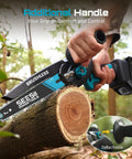 Dual-Bar Cordless Mini Chainsaw With 6 And 8 Inch Guide Bars cutting wood, featuring detachable handle for tree trimming and log cutting.