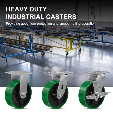 Rock Solid 6 Inch Heavy Duty Caster Wheels Featuring Tough As Nails Polyurethane Tread And Cast Iron Core in industrial setting.