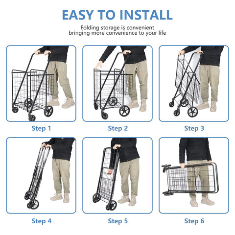 Image of assembly steps for Foldable Utility Shopping Cart With Double Baskets For Grocery And Laundry, Portable Wagon Cart On Wheels.