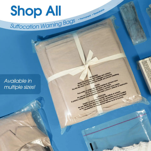 Poly Bag Bundle Set Self Seal Clear Plastic Bags 6x9, 8x10, 9x12, 11x14 400 Pack with suffocation warning on blue background