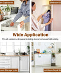 Collage showing Ultra Thin Magnetic Cabinet Catch Set With No Drill Adhesive in kitchen, closet, bathroom, and storage use.