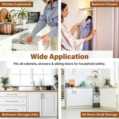 Collage showing Ultra Thin Magnetic Cabinet Catch Set With No Drill Adhesive in kitchen, closet, bathroom, and storage use.