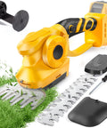 20V Cordless Hedge Trimmer With 2 In 1 Grass Shears, Battery Not Included, shown with attachments and cutting grass
