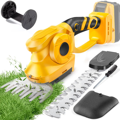 20V Cordless Hedge Trimmer With 2 In 1 Grass Shears, Battery Not Included, shown with attachments and cutting grass