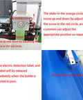 High Speed Automatic Round Bottle Labeling Machine With Desktop Conveyor Setup, showing photoelectric sensor and adjustment slider.