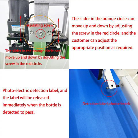 High Speed Automatic Round Bottle Labeling Machine With Desktop Conveyor Setup, showing photoelectric sensor and adjustment slider.