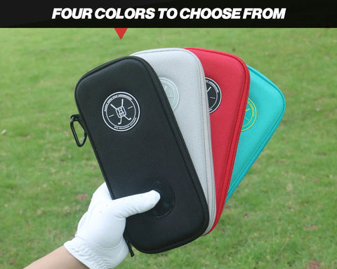 Four colorful Performance Golf Glove Case With Heavy Duty Hard Shell And Breathable Mesh Back held by gloved hand in grass.