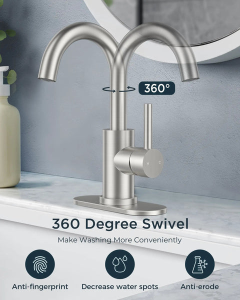 Heavy Duty Single Handle Bathroom Faucet 1 Hole Sink Tap Brushed Nickel Lead Free 304 Stainless Steel Smooth Glide Valve Zero Grind Operation Quick Grip Install Rock Solid